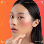 A woman wearing on her cheek Oplenza highly pigmented, bold color dewy Blush Stick in shade 01 Peachy Keen.