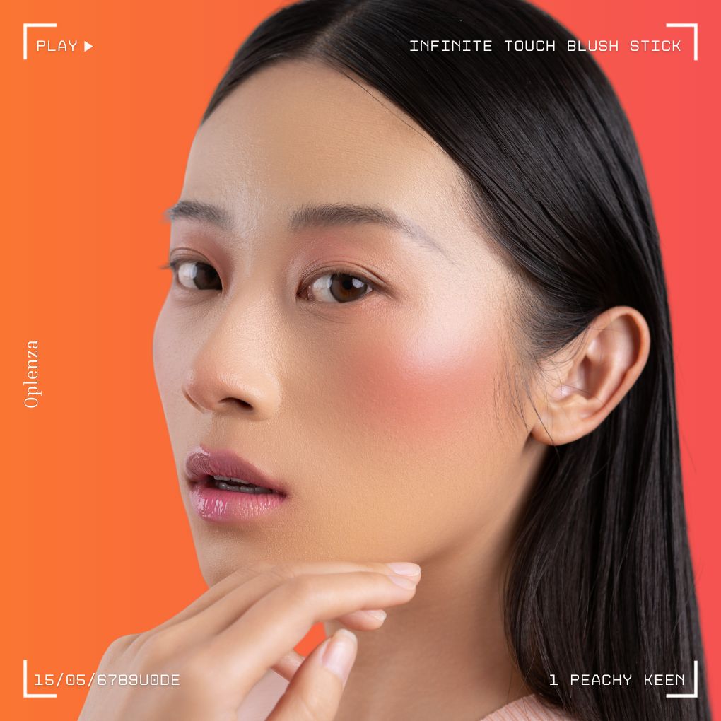 A woman wearing on her cheek Oplenza highly pigmented, bold color dewy Blush Stick in shade 01 Peachy Keen.