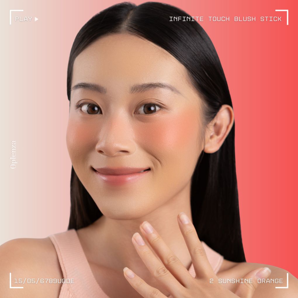 A woman wearing on her cheek Oplenza highly pigmented, bold color dewy Blush Stick in shade 02 Snshine Orange.