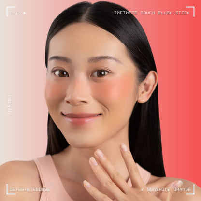 A woman wearing on her cheek Oplenza highly pigmented, bold color dewy Blush Stick in shade 02 Snshine Orange.