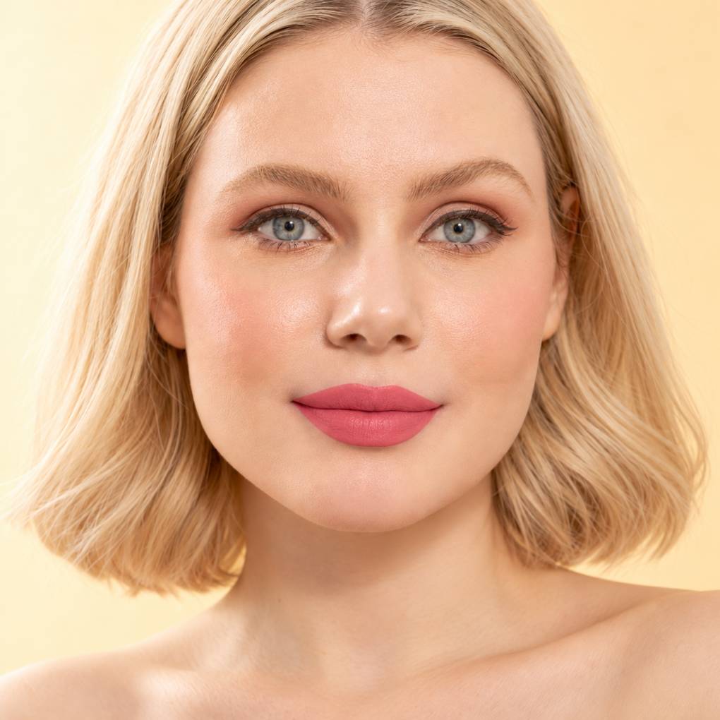 Model wearing Oplenza Signature Longwear Matte Lipstick in 04 Taupe, showing nude pink matte lips.