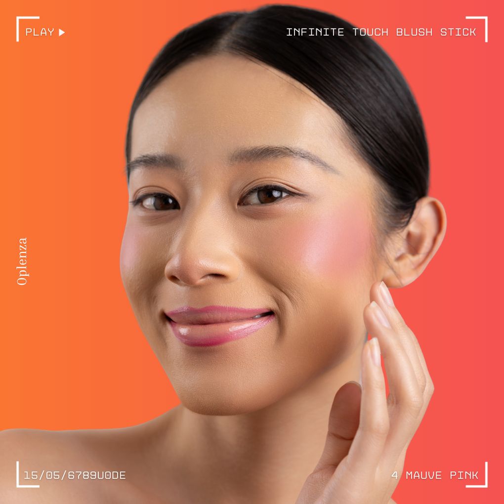 A woman wearing on her cheek Oplenza highly pigmented, bold color dewy Blush Stick in shade 04 Mauve Pink
