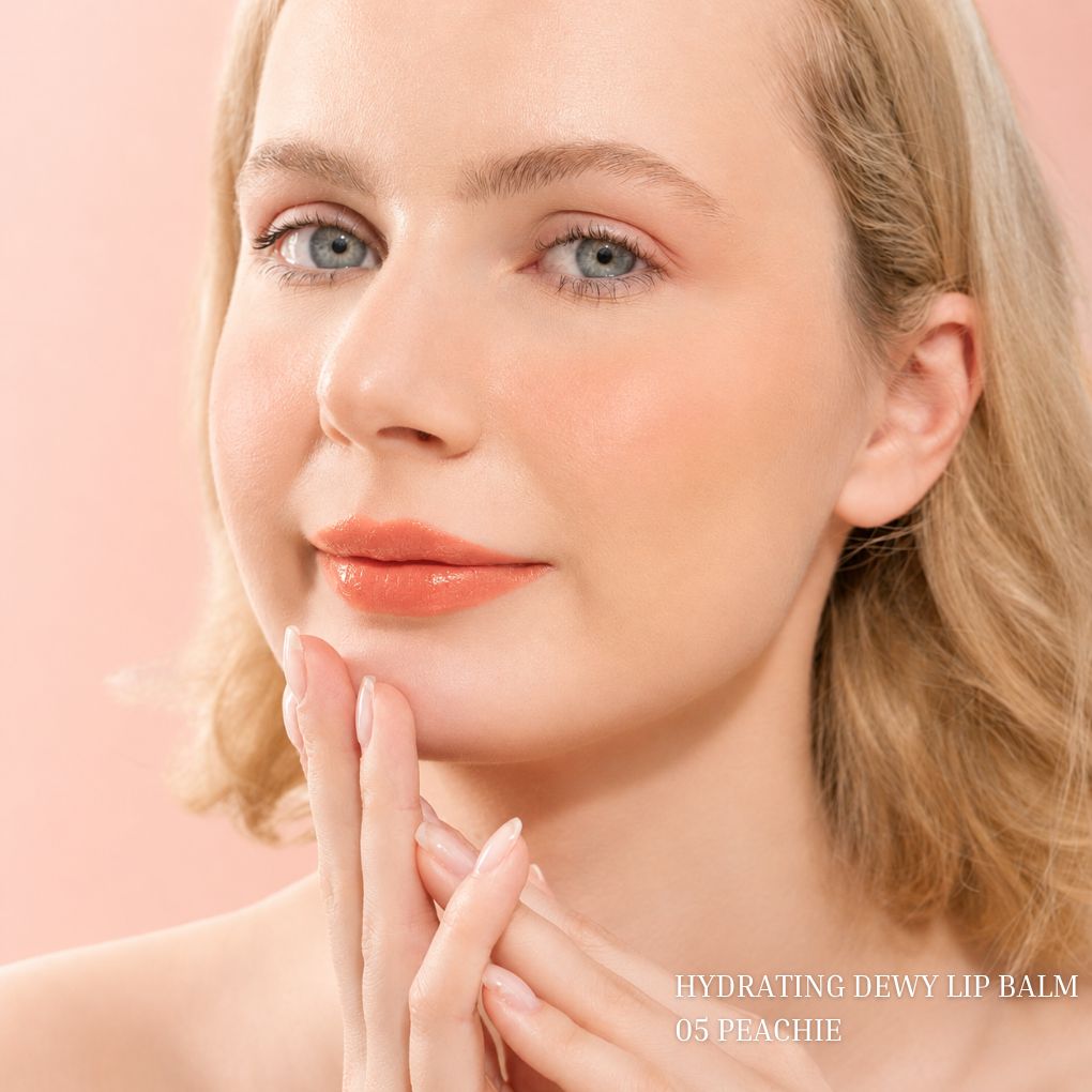 A Blonde Model wearing Oplenza Hydrating Dewy Lip Balm in Shade 05 Peachie with glossy dewy finish.
