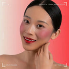 A woman showcasing and wearing on her cheek Oplenza infinite touch Blush Stick in shade 10 True red; Highly pigmented blush stick with blendable creamy texture