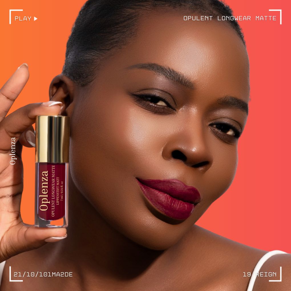 Woman wearing Oplenza Opulent Longwear Matte liquid lipstick in shade 19 Reign- Highly pigmented, waterproof vegan liquid matte with smooth velvety finish
