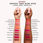 Arm swatches of Oplenza Infinite Touch Blush Stick highly pigmented cream blush for cheeks and lips. 
Shades: 01 Peachy Keen, 02 Sunshine Orange, 03 Water Red, 04 Composed, 05 Pumpkin, 06 Terracotta, 07 Rosse Red, 08 Dusty Rose, 09 Misty Rose, 10 True Red, 11 Mocha
