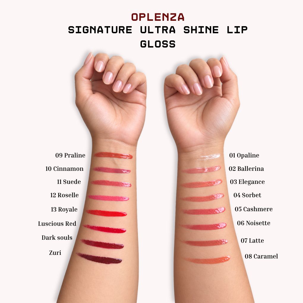 Arm swatch of Oplenza Signature Ultra Shine Lip Gloss in shades: 
01 Opaline  
02 Ballerina  
03 Elegance  
04 Sorbet  
05 Cashmere  
06 Noisette  
07 Latte  
08 Caramel  
09 Praline  
10 Cinnamon  
11 Suede  
12 Roselle  
13 Royale  
Luscious Red  
Dark Souls  
Zuri
on fair skin.