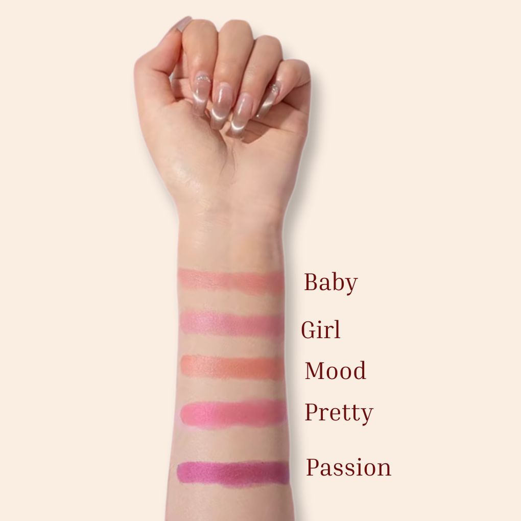 Oplenza Luminous Pressed Powder Blush swatches on Hand -'Baby', 'Girl', 'Mood', 'Pretty', 'Passion' 