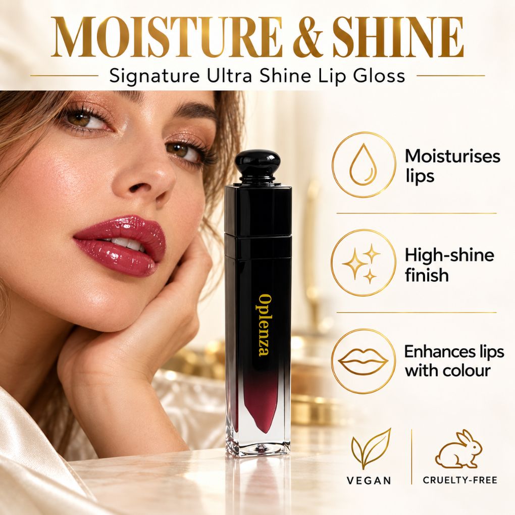 Oplenza Signature Ultra Shine Lip Gloss benefits graphic highlighting shine, moisture, shea butter and vitamin E, Veagn and Cruelty free.
Shades: 
01 Opaline  
02 Ballerina  
03 Elegance  
04 Sorbet  
05 Cashmere  
06 Noisette  
07 Latte  
08 Caramel  
09 Praline  
10 Cinnamon  
11 Suede  
12 Roselle  
13 Royale  
Luscious Red  
Dark S