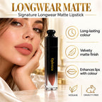 Oplenza Signature Longwear Matte Lipstick on table, highlighting the benefits: Long-lasting colour, velvety matte finish, enhences lips with color, vegan, cruelty free.
Shades: 
01 Tulle
02 Peche
03 Almande
04 Taupe
05 Rosette
06 Mauve
07 Cannelle
08 Coraline
09 Violette
10 Aubergine
11 Garnet
12 Bordeaux