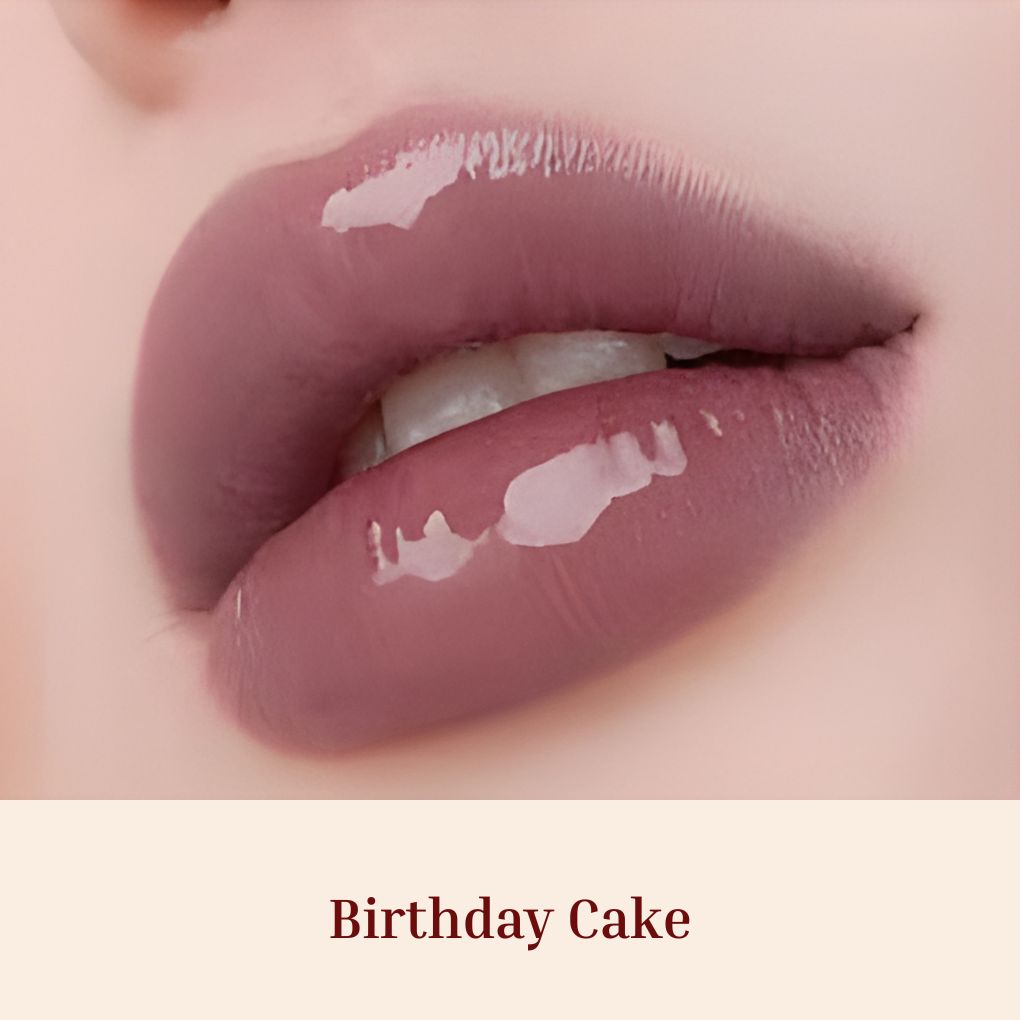 Obsession Glass Lip Gloss swatches on lips, Birthday Cake shade-Glass like shine lipgloss