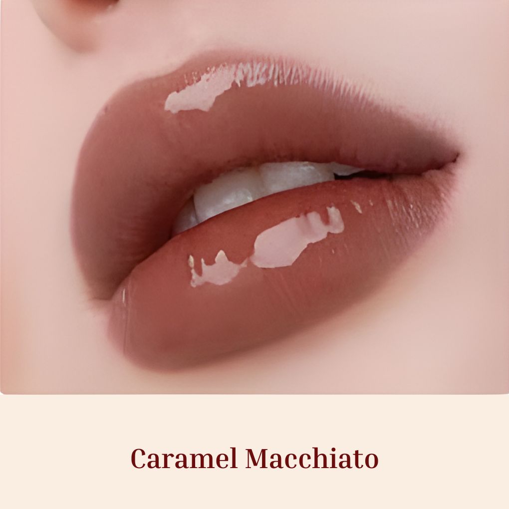 Obsession Glass Lip Gloss swatches on lips, Caramel Macchiato shade-Glass like shine lipgloss