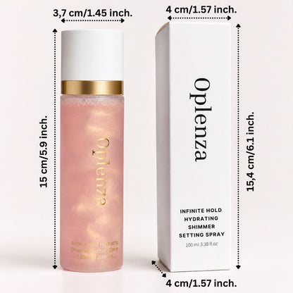 Oplenza Infinite Hold Hydrating Shimmer Setting Spray - Oplenza 100 ml hydrating shimmer setting spray bottle and box.