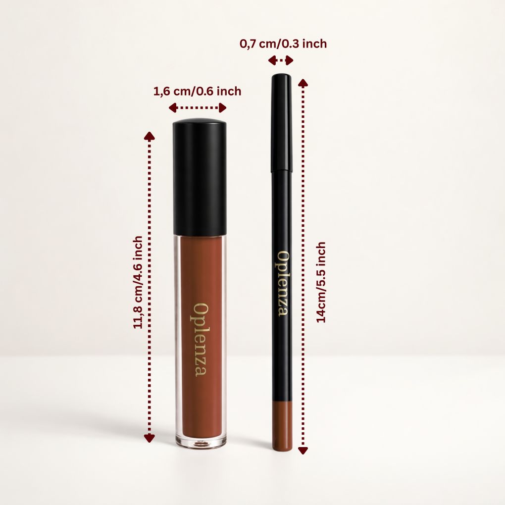 Oplenza Opulent Matte Lip Kit dimensions: the best duo of liquid lipstick and lip liner.
Shades: 29 Gorgeous, 27 Out Loud, 26 Boss up, 25 Leading Lady, 23 Bloodshot,  20 Pretty Woman, 19 Lip Goals, 18 Cherry Beauty,  17 Lovely, 16 Jacinth, 13 Peach, 12 Plum, 09 Ruby, 08 Mauve, 07 Sage, 05 Sultry, 04 Magenta, 02 Chocolate, Heart Breaker