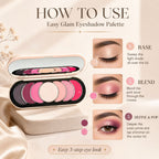 An open eyeshadow palette with multiple shades displayed on a beige satin background, accompanied by a large 'HOW TO USE' instructional graphic with three eye makeup steps and close-up eye photos.
Shades: Pink Filter, Gold Time, Moonlight.