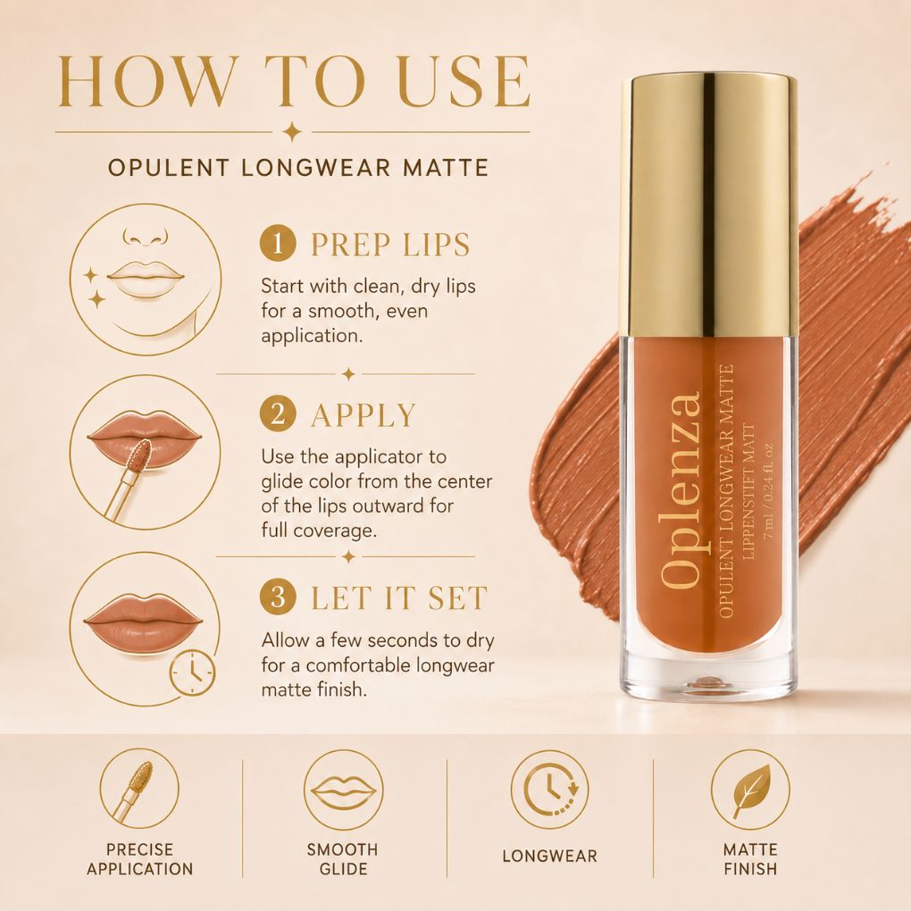 Oplenza Opulent Longwear Matte liquid lipstick - how to use.
Shades: 51 Rouge Royale, 44 Veil, 41 Terra, 40 Solace, 38 Whisper, 37 Pice, 31 Mauve Luxe, 30 Bloom, 28 Bliss22 , Power, 21 Fever, 20 Flair, 19 Reign, 19 Diva, 15 Lush, 11 Marron, 09 Charm,  08 Serene, 07 Muse, 04 Dune, 02 Poise