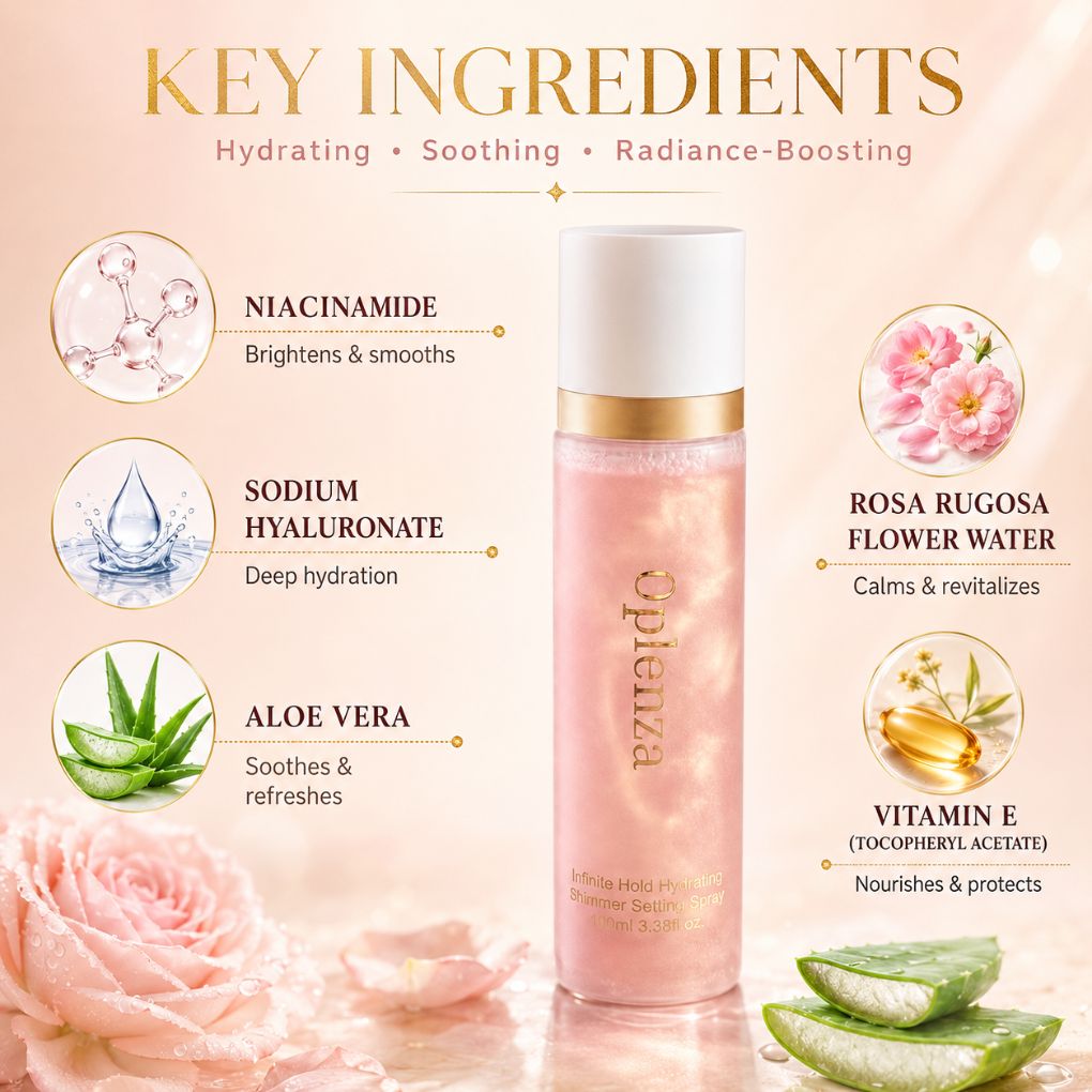 Oplenza Infinite Hold Hydrating Shimmer Setting Spray - Hydrating shimmer setting spray with hyaluronic acid and niacinamide 