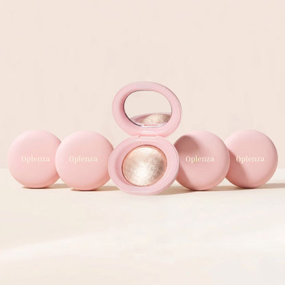 Oplenza Silky Touch Highlighters on a beige background-Glass-like pressed powder highlighter texture
Shades: Champagne, Pearl, Copper, Rose.