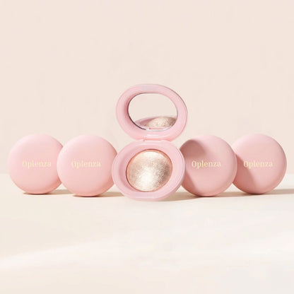 Oplenza Silky Touch Highlighters on a beige background-Glass-like pressed powder highlighter texture
Shades: Champagne, Pearl, Copper, Rose.