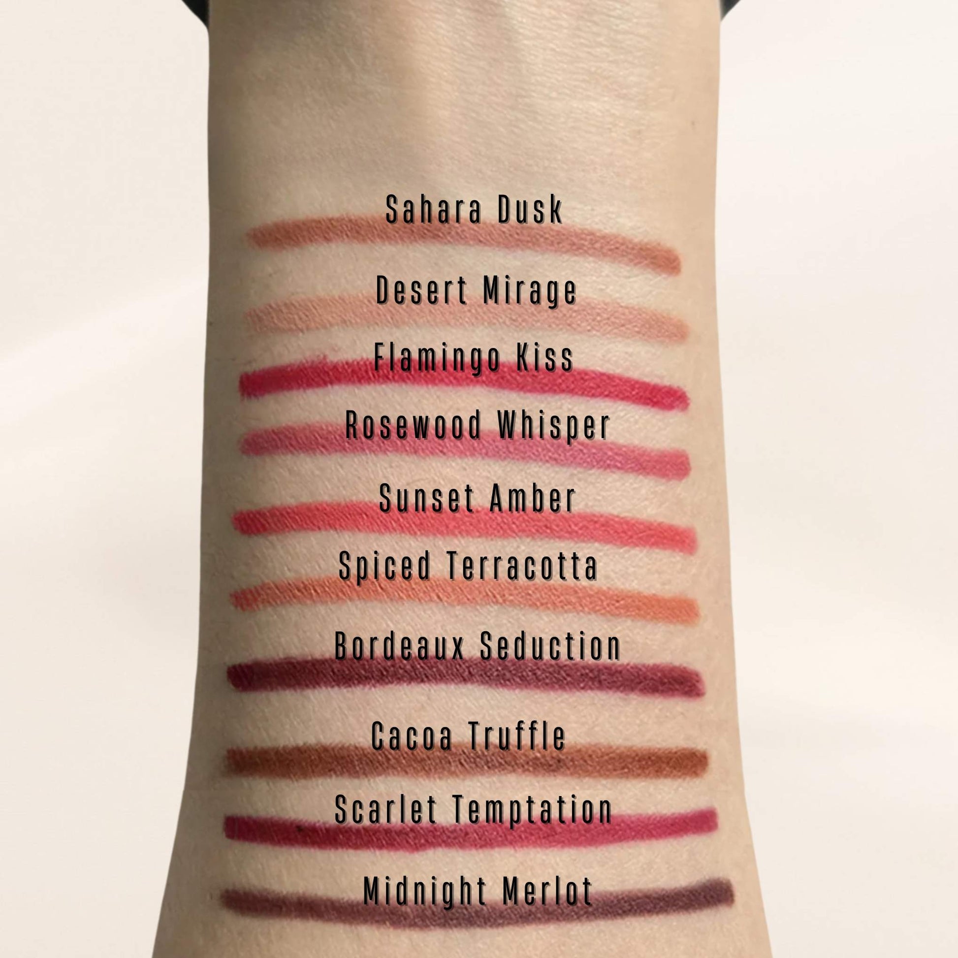 Oplenza Velvet whisper lip liners swatches- Sahara Dusk, Desert Mirage, Flamingo Kiss, Rosewood Whisper, Sunset Amber, Spiced Terracotta, Bordeaux Seduction, Cacao Truffle, Scarlet Temptation, Midnight Merlot