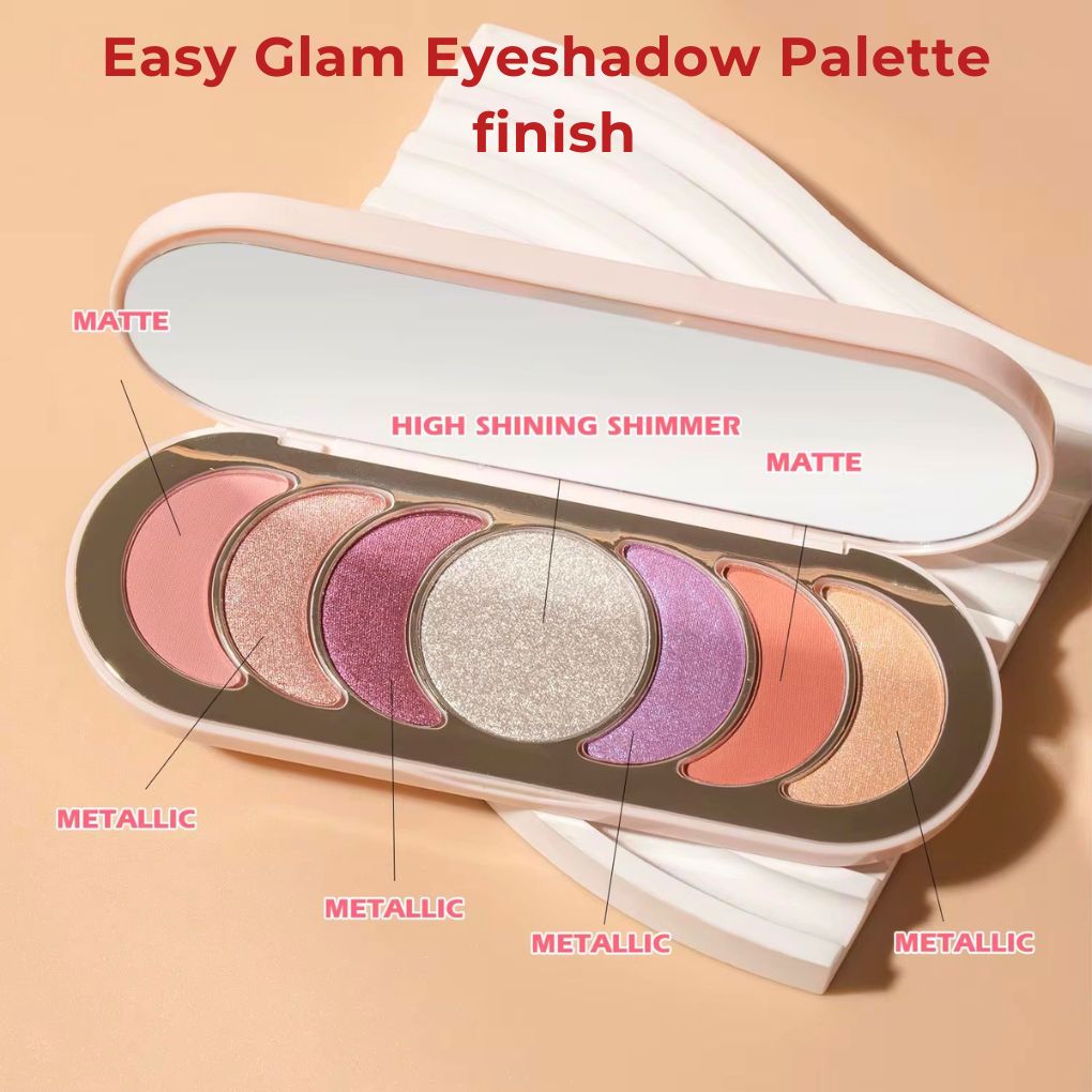 An open eyeshadow palette with six circular pans in matte and metallic shades, shown on a peach background with text labels naming the finishes.
Shades: Pink Filter, Gold Time, Moonlight.