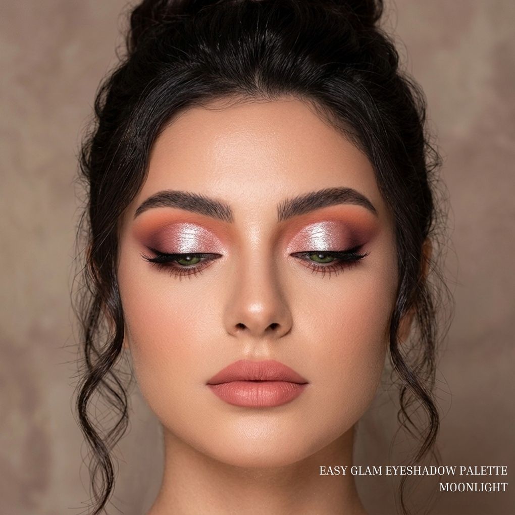 Oplenza Easy Glam Eyeshadow Palette "Moonlight" applied on eyes creating an effortless glam look with seamless blending and natural dimension