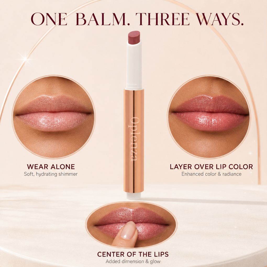 Oplenza Hydrating Shimmer Lip Balm creamy tinted balm with radiant shimmer finish.
Shades: Posh, Bombshell, Afterglow, Macaron, Praline,, Glassy, Sugar