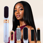 A woman with straight hair standing behind a collection of Oplenza multi hair styler attachments, which include a hair dryer, straightening comb, volumizing brush, and curlers in White color