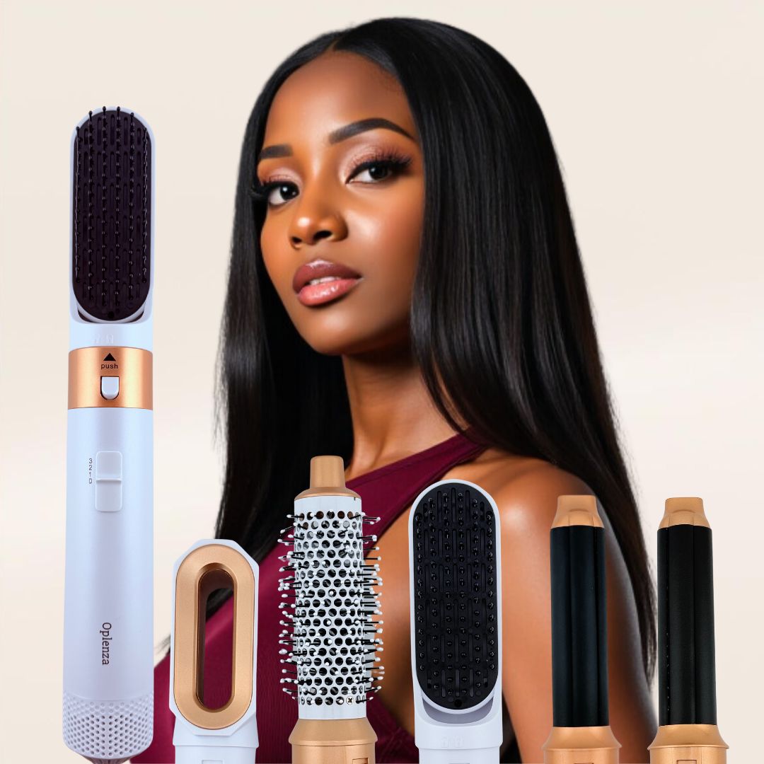 A woman with straight hair standing behind a collection of Oplenza multi hair styler attachments, which include a hair dryer, straightening comb, volumizing brush, and curlers in White color