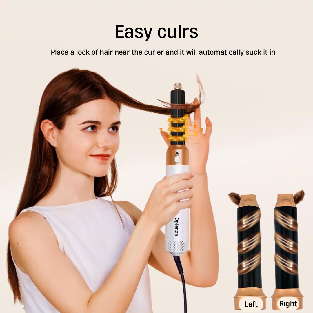 Woman using a hair oplenza curler in White color, Soft Taupe