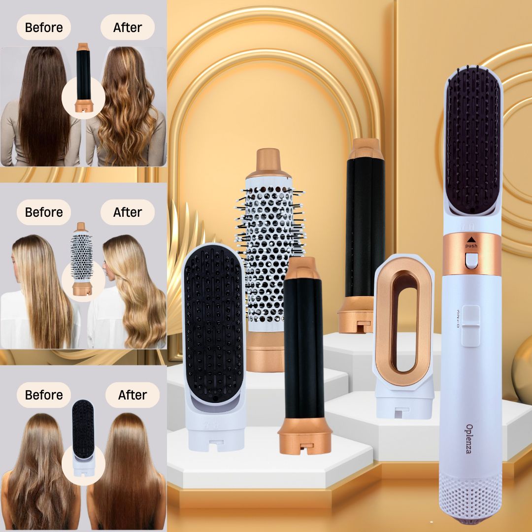 Hair styling tool with before and after images of hair-White, Soft Taupe