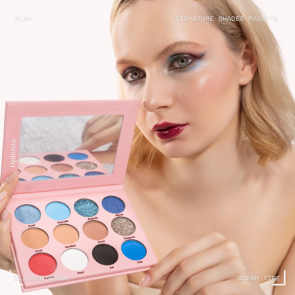 Woman holding and showcasing oplenza eyeshadow palette effects on her face-shade Ocean Tide