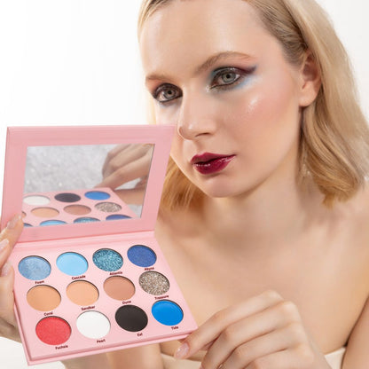 Woman holding and showcasing oplenza eyeshadow palette effects on her face-shade Ocean Tide