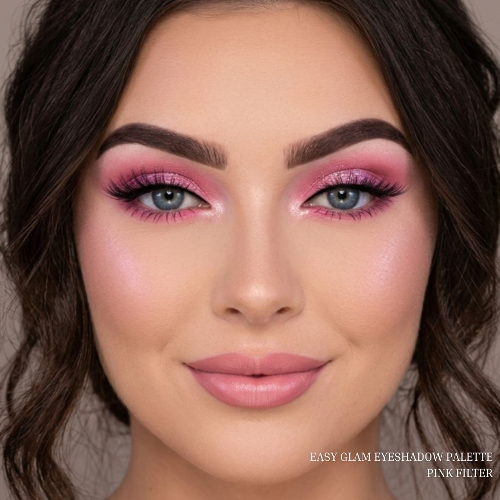 Oplenza Easy Glam Eyeshadow Palette "Pink Filter" applied on eyes creating an effortless glam look with seamless blending and natural dimension