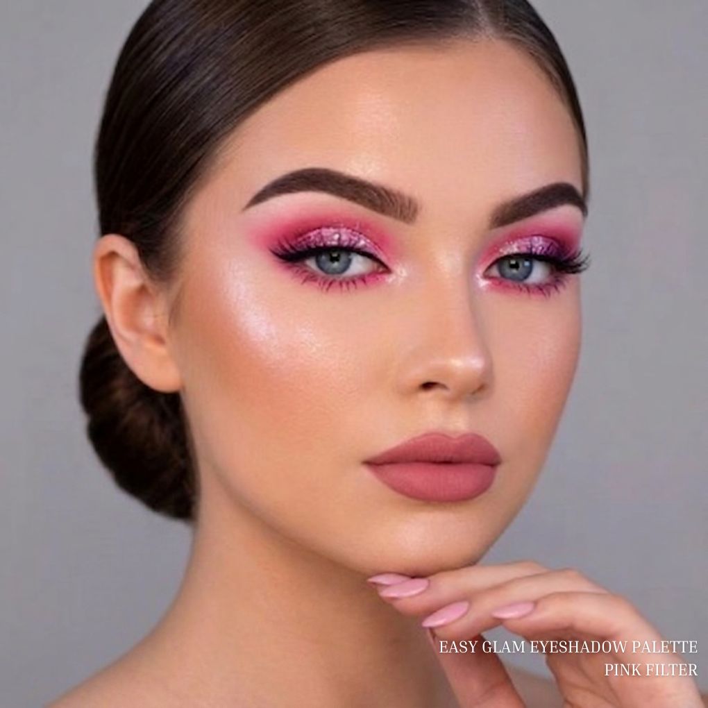 Oplenza Easy Glam Eyeshadow Palette "Pink Filter" applied on eyes creating an effortless glam look with seamless blending and natural dimension