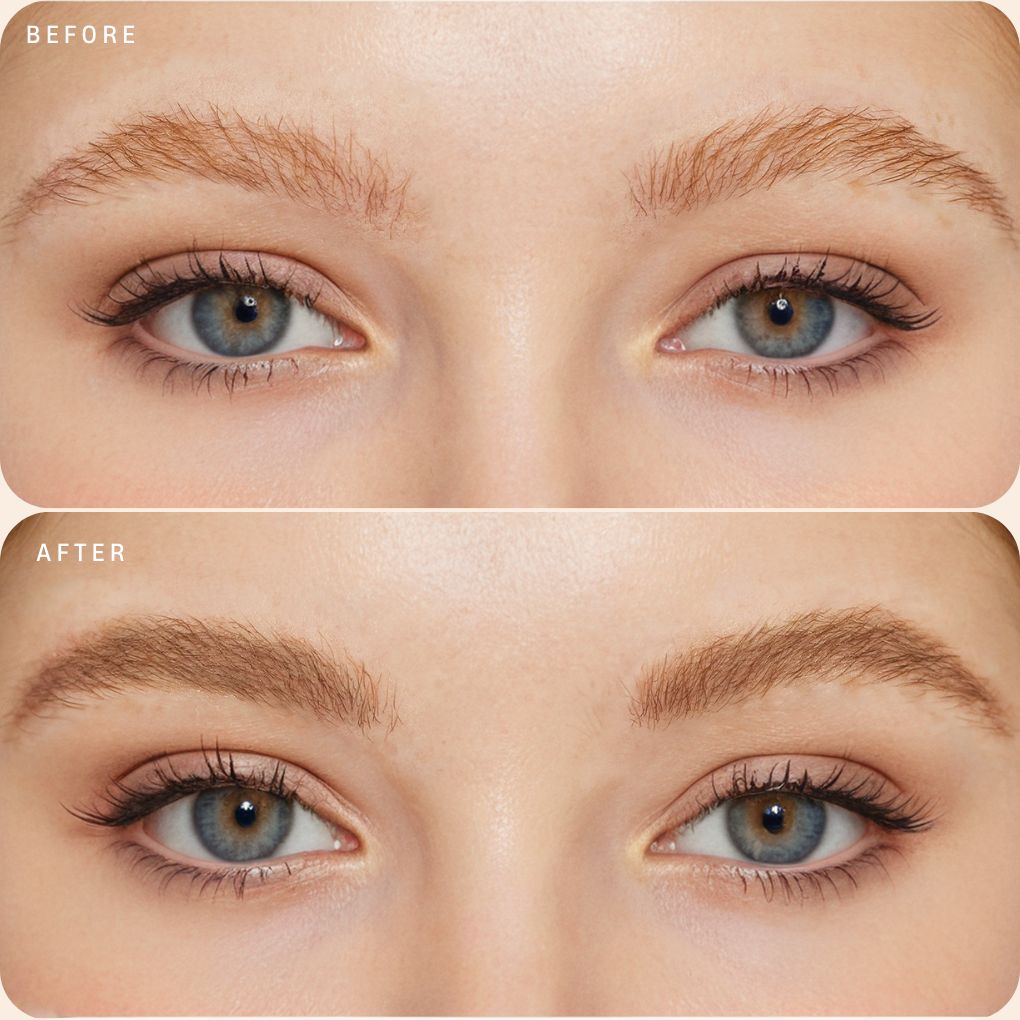 Before and after comparison of oplenza precision brow pencil blonde in natural-looking brows