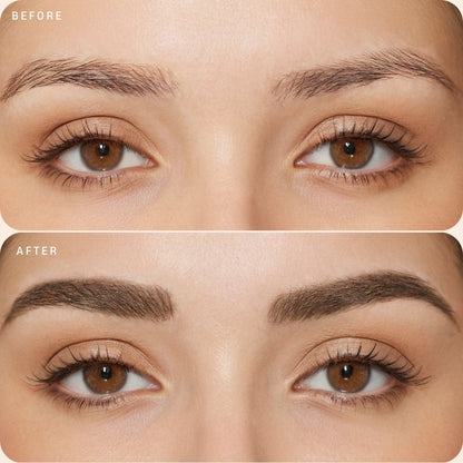 Before and after comparison oplenza Oplenza Precision Brow Pencil in Brown shade, water-resistant brow pencil for natural-looking brows