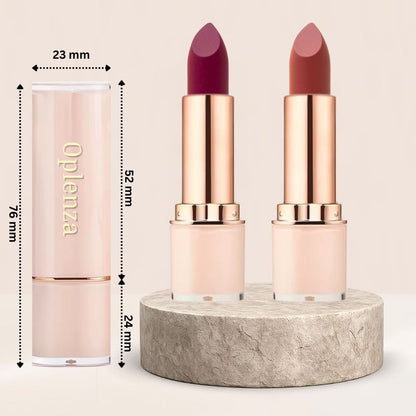 Oplenza Signature Moist-Matte Lipstick dimensions.
Shades: 01 First Impression, 02 Power Move, 03 No Compromise, 04 Main Character, 05 Well Spoken, 06 After Hours, 07 Soft Authority, 08 No Permission, 09 Unfiltered, 10 Red Standard, 11 Icon Status, 12 Say Less, 13 Ground Rules, 14  Blank Slate.