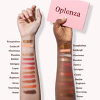 Arm swatches of Oplenza Signature Shades Palette - Soft Seduction, vegan, highly pigmented, makeup must-have eyeshadow palette for a radiant, long-lasting makeup look