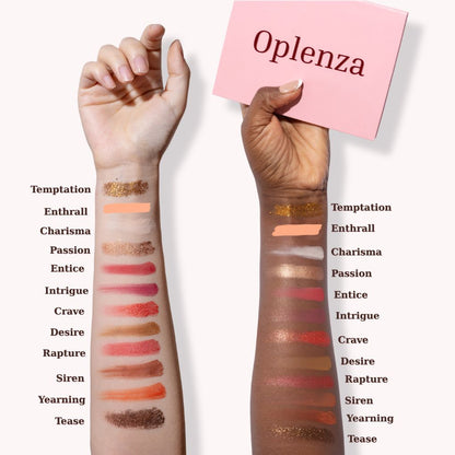 Arm swatches of Oplenza Signature Shades Palette - Soft Seduction, vegan, highly pigmented, makeup must-have eyeshadow palette for a radiant, long-lasting makeup look
