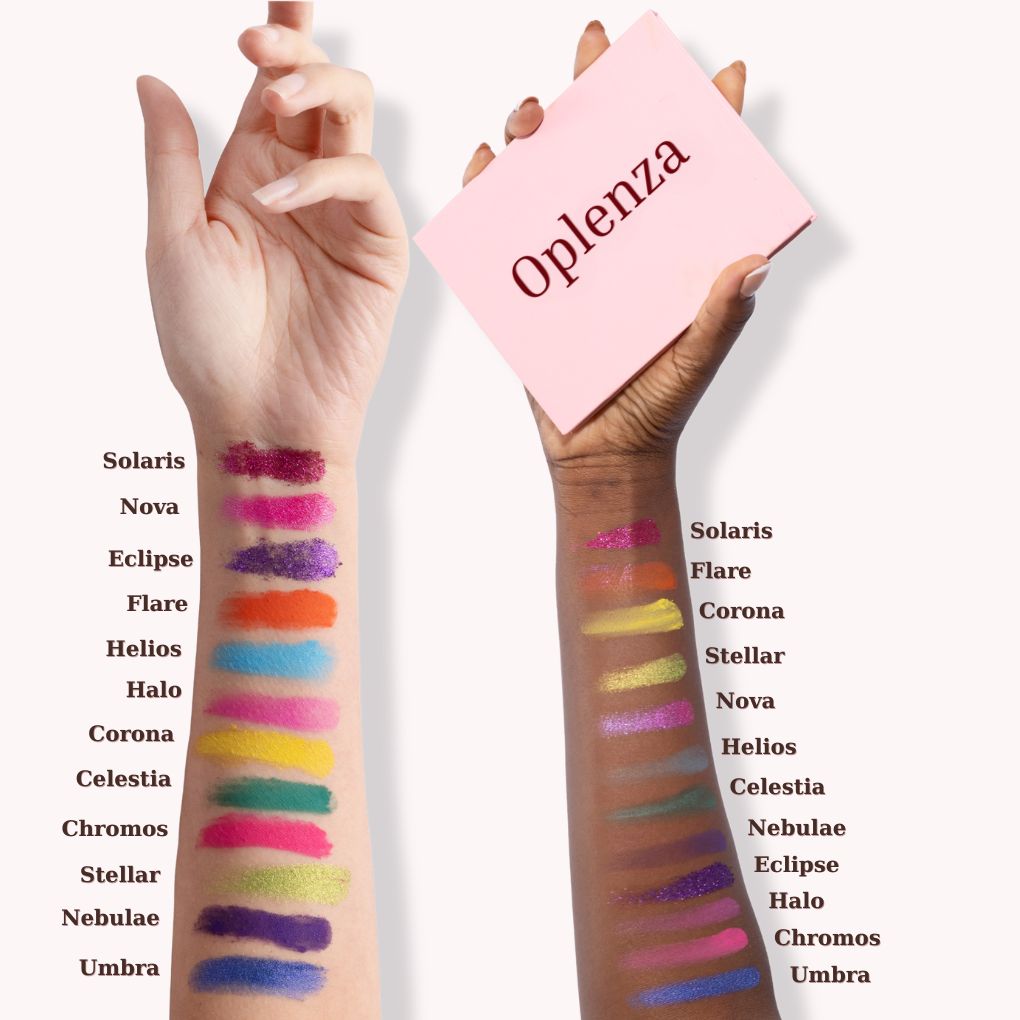 Arm swatches of Oplenza Signature Shades Palette - Solara Flare, lightweight, makeup essentials, skin-friendly eyeshadow palette for a radiant, long-lasting makeup look