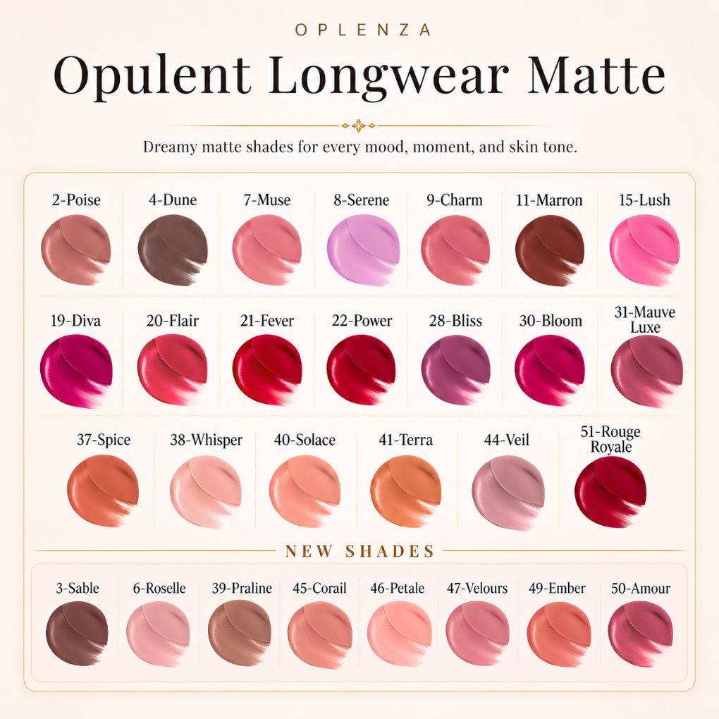 Color swatches of Opulent Longwear Matte lipsticks by Oplenza - the best high pigmented, waterproof matte lipstick.
Shades: 51 Rouge Royale, 44 Veil, 41 Terra, 40 Solace, 38 Whisper, 37 Pice, 31 Mauve Luxe, 30 Bloom, 28 Bliss, 22 Power, 21 Fever, 20 Flair, 19 Reign, 19 Diva, 15 Lush, 11 Marron, 09 Charm,  08 Serene, 07 Muse, 04 Dune, 02 Poise,
03 Sable, 06 Roselle, 39 Praline, 45 Corail, 46 Petale, 47 Velours, 49 Ember, 50 Amour.