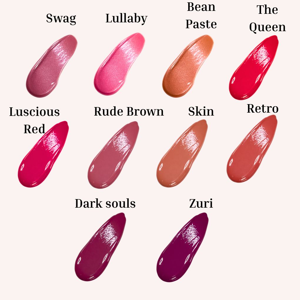 Swatches of Oplenza Signature Ultra Shine Lip Gloss glaze-the best lip gloss in make-up.
Shades: Swag, Lullaby, Bean Paste, The Queen, Luscious Red, Rude Brown, Skin, Retro, Darks Souls, Zuri.