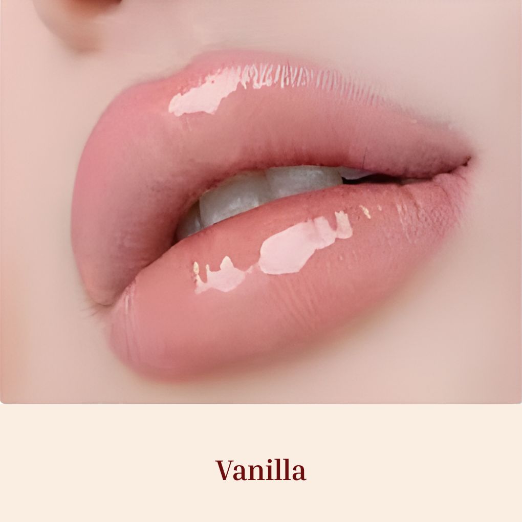 Obsession Glass Lip Gloss swatches on lips, Vanilla shade-Non-sticky glass lip gloss