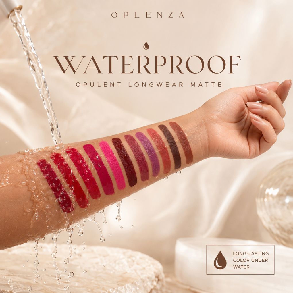 Oplenza Opulent Longwear Matte swatches on a wet arm, waterproof test. 
Shades: 51 Rouge Royale, 44 Veil, 41 Terra, 40 Solace, 38 Whisper, 37 Pice, 31 Mauve Luxe, 30 Bloom, 28 Bliss22 , Power, 21 Fever, 20 Flair, 19 Reign, 19 Diva, 15 Lush, 11 Marron, 09 Charm,  08 Serene, 07 Muse, 04 Dune, 02 Poise