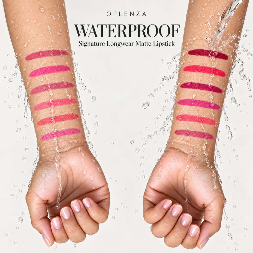 Oplenza Signature Longwear Matte Lipstick after waterproof demonstration, with visible result.
Shades: 
01 Tulle
02 Peche
03 Almande
04 Taupe
05 Rosette
06 Mauve
07 Cannelle
08 Coraline
09 Violette
10 Aubergine
11 Garnet
12 Bordeaux