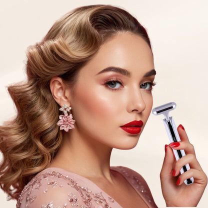 Model presenting Oplenza skincare wand - White, Microcurrent device for skincare, Skincare wand for wrinkles